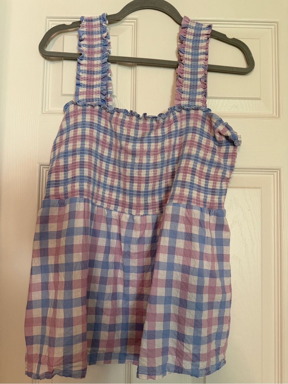 Market & Spruce Pink and Blue Gingham Ruffle Strap Tank Top
